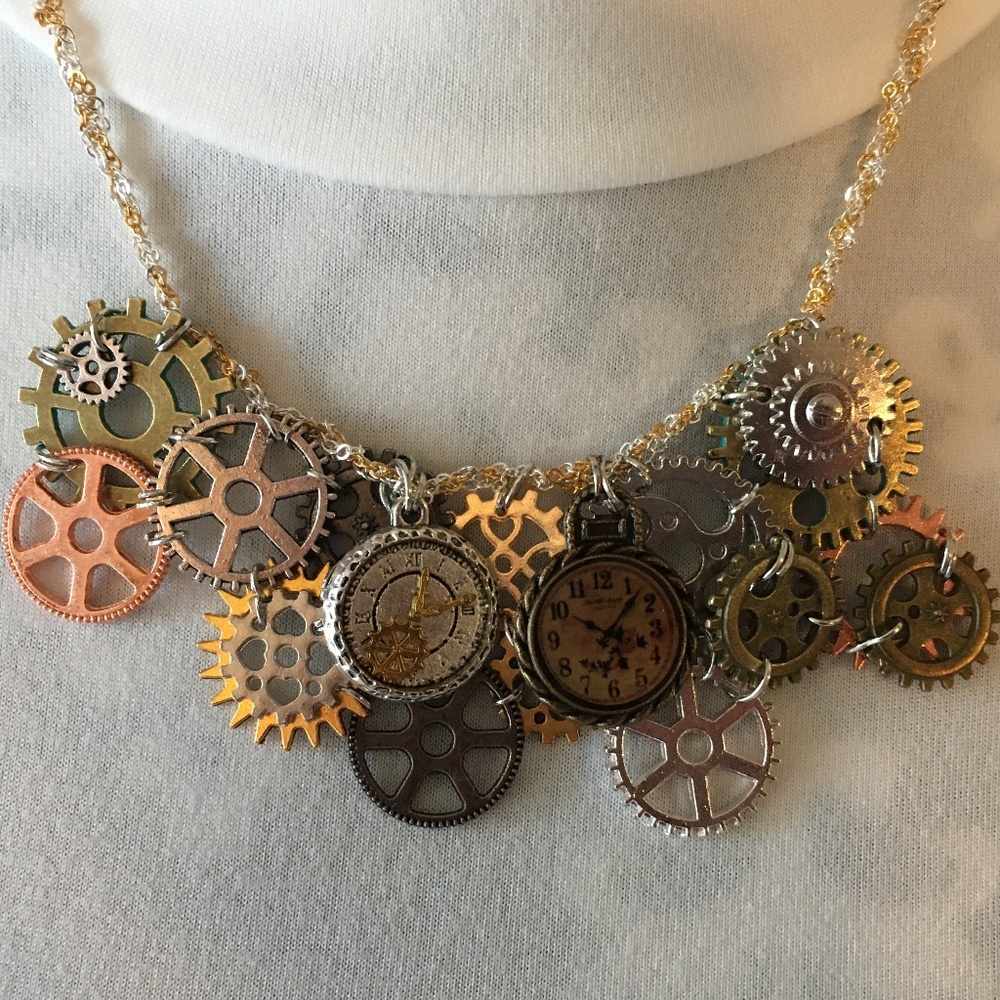 SOLD—Steampunk Handmade Steamer Mixed Metal Bib Necklace with Gears, Clocks - Picture 2 of 16